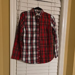 J. Crew Red and White Asymmetrical Plaid Blouse